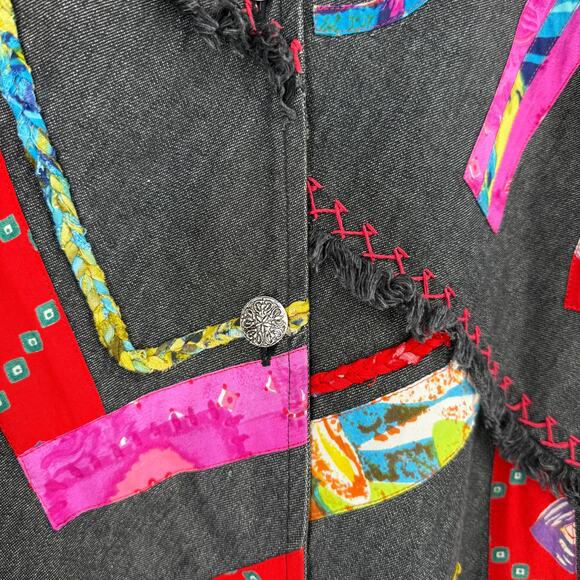Spirit by Sandy Starkman Denim Jacket Plus Size 3X Patchwork Art To Wear Artsy - Picture 2 of 6